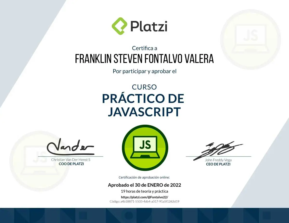 Practical JavaScript 2021 certificate